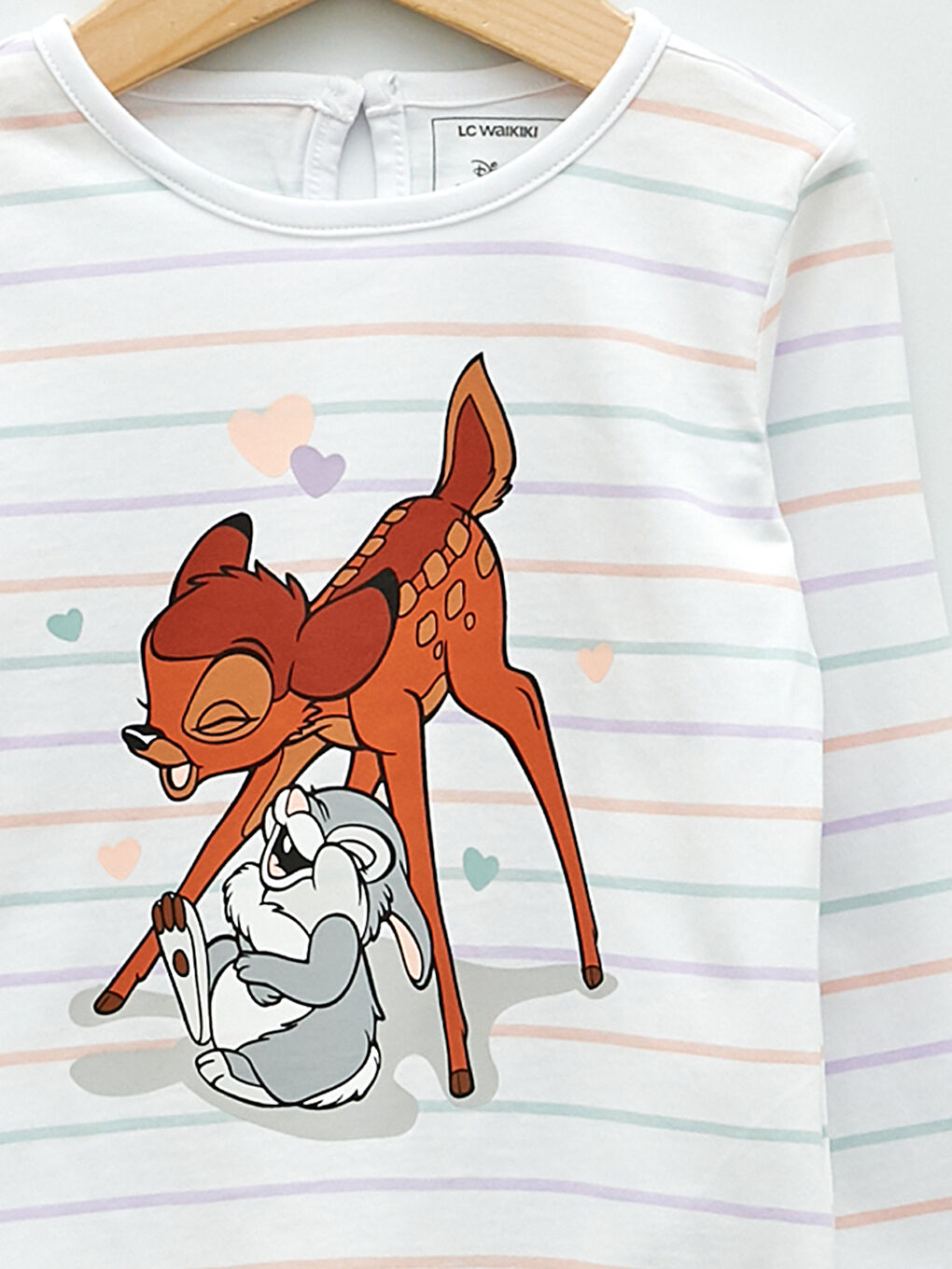 Ekru Bisiklet Yaka Uzun Kollu Bambi Baskılı Pamuklu Kız Bebek Tişört-2