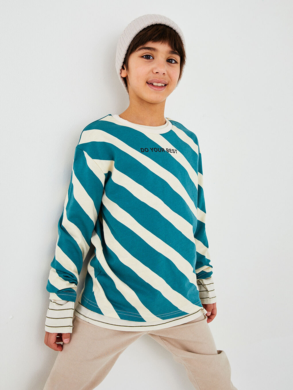 Crew Neck Striped Long Sleeve Cotton Boy T-Shirt