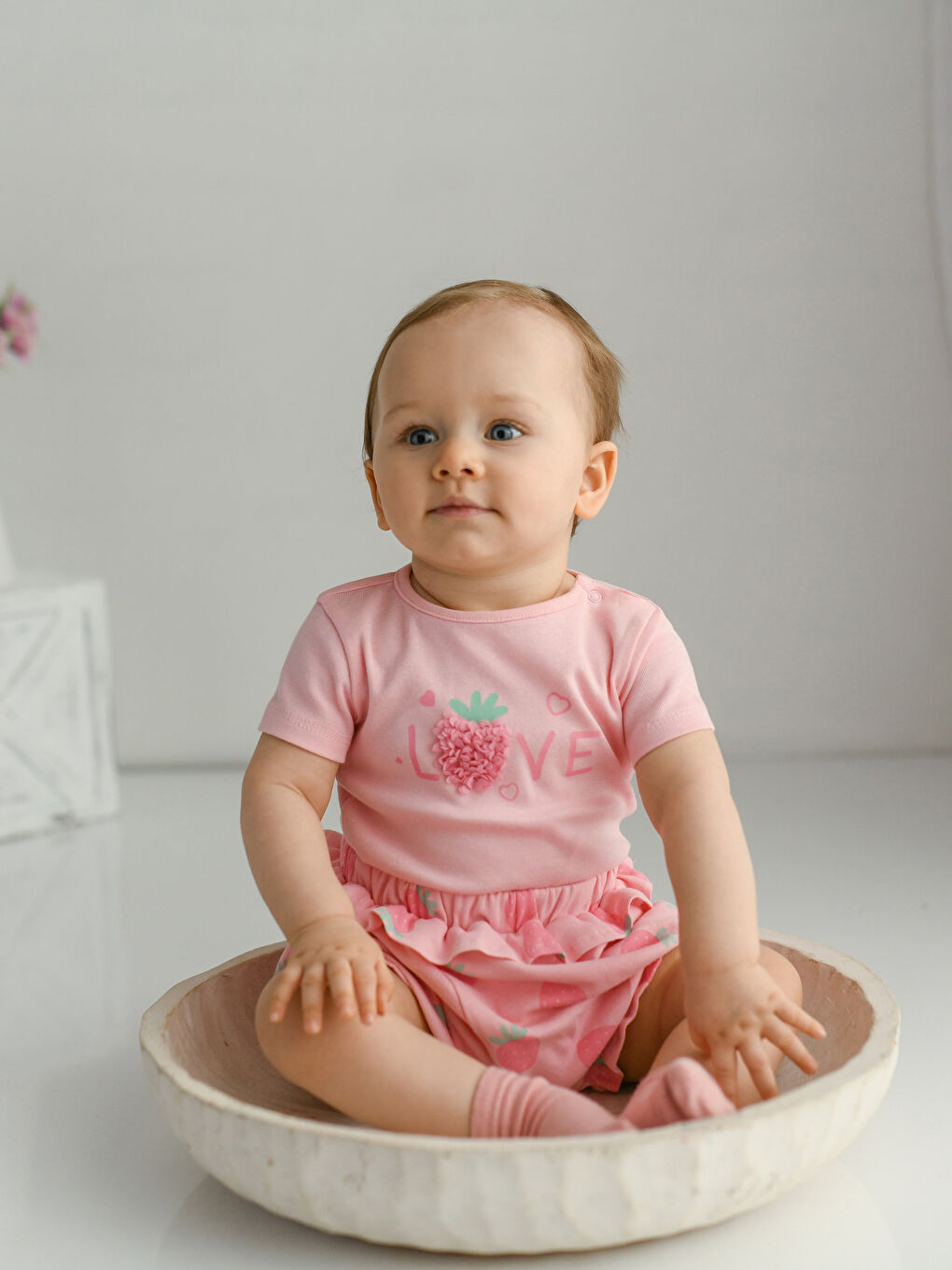 Pembe Bisiklet Yaka Kısa Kollu Baskılı Kız Bebek Çıtçıtlı Body ve Şort 2'li Takım