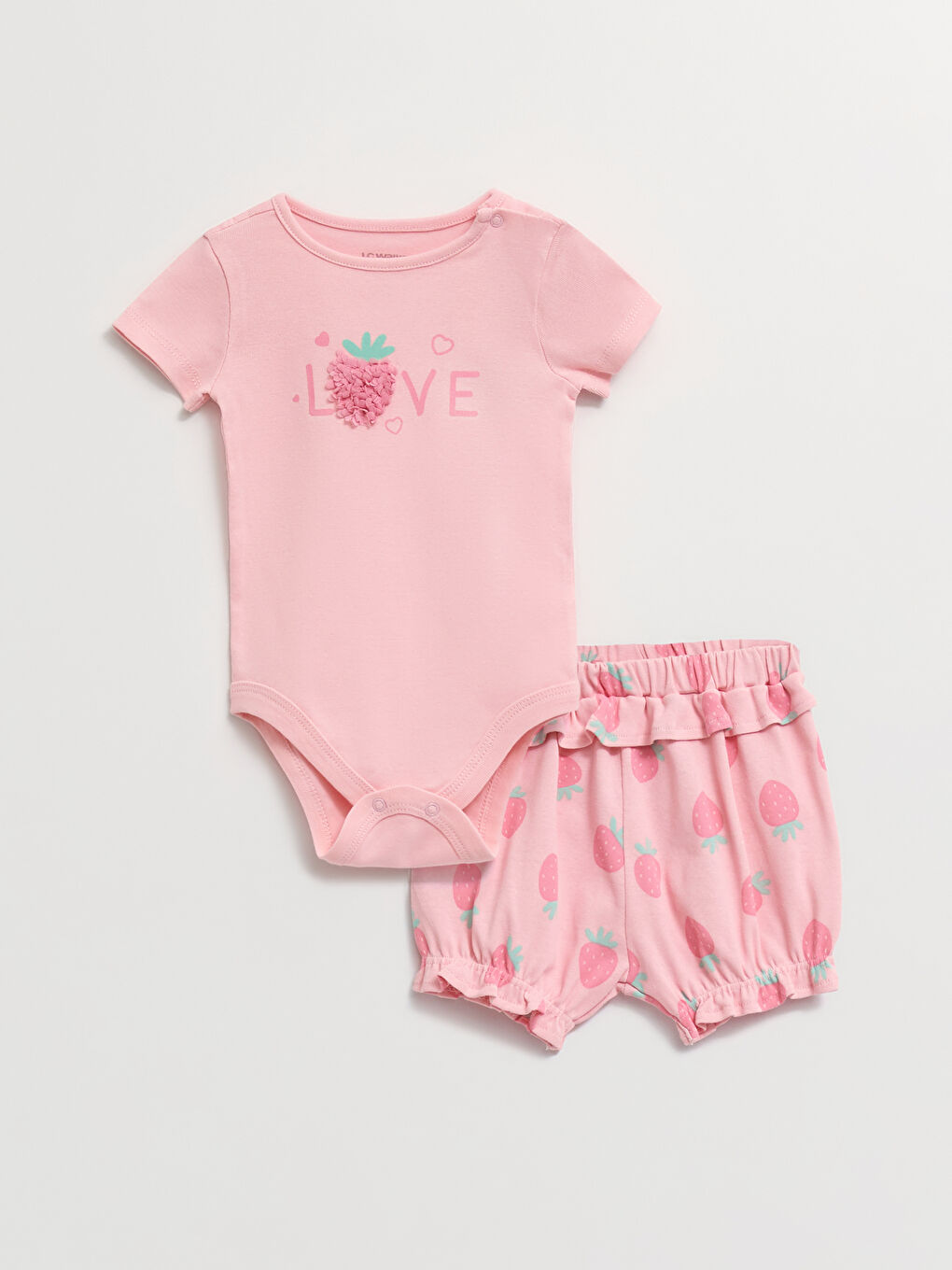 Pembe Bisiklet Yaka Kısa Kollu Baskılı Kız Bebek Çıtçıtlı Body ve Şort 2'li Takım-2