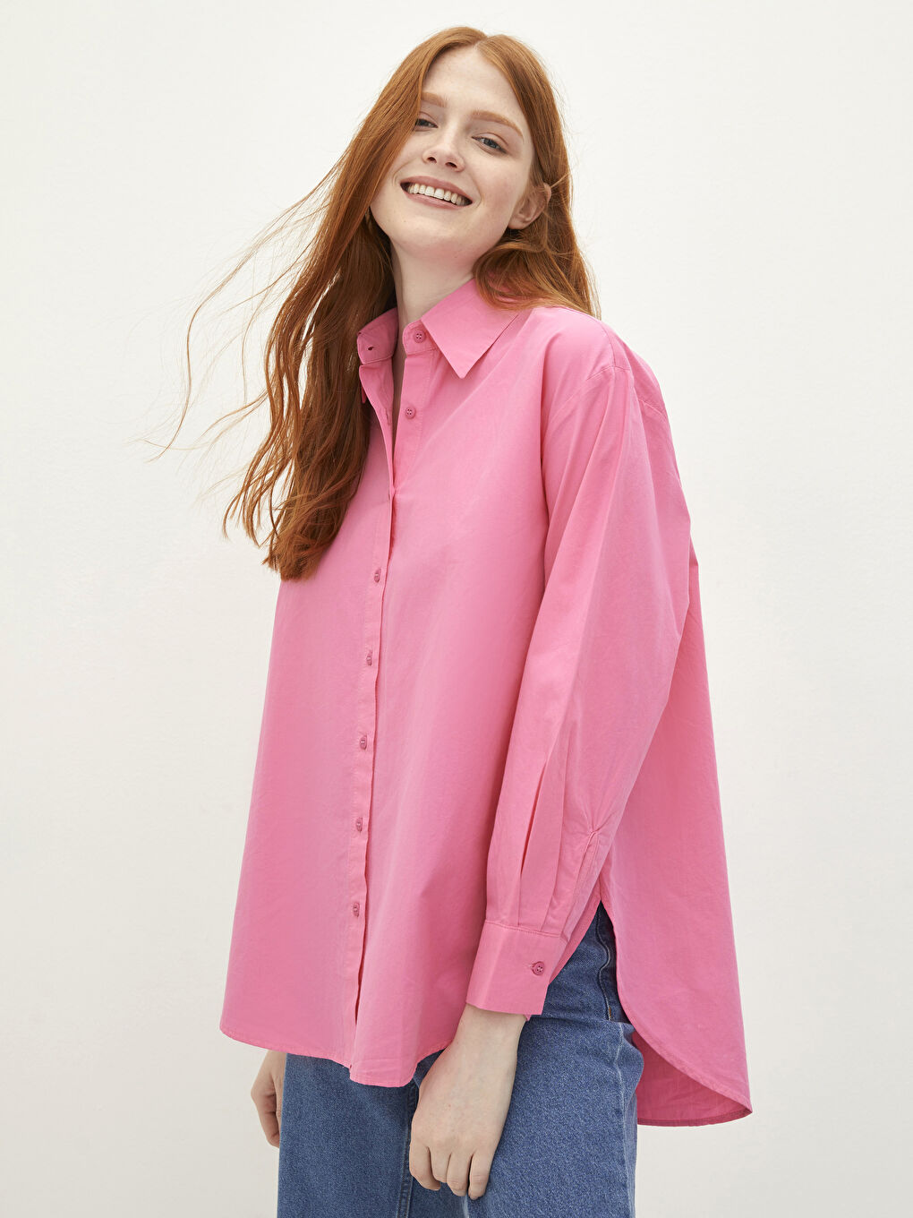 Pembe Önden Düğme Kapamalı Düz Uzun Kollu Poplin Kadın Gömlek-1