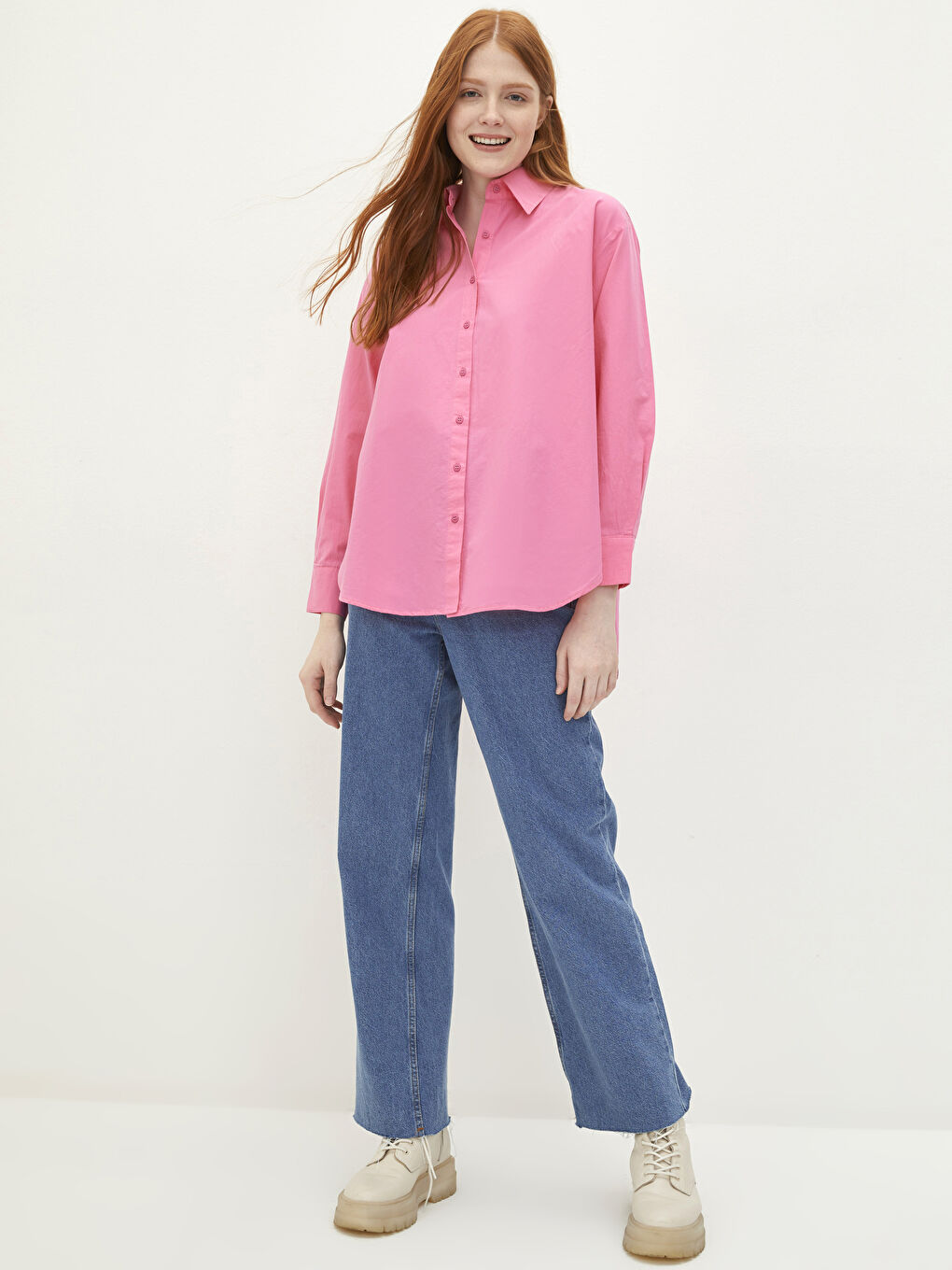 Pembe Önden Düğme Kapamalı Düz Uzun Kollu Poplin Kadın Gömlek-2