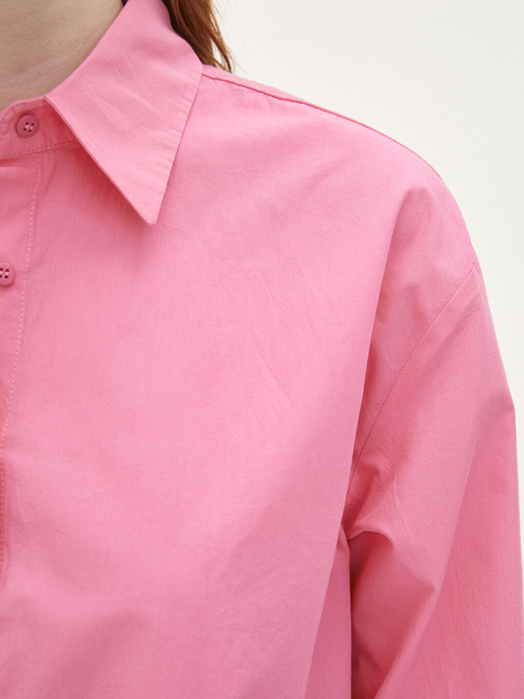 Pembe Önden Düğme Kapamalı Düz Uzun Kollu Poplin Kadın Gömlek-3