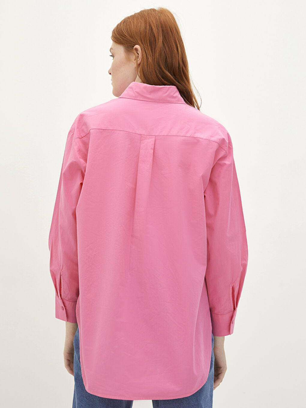 Pembe Önden Düğme Kapamalı Düz Uzun Kollu Poplin Kadın Gömlek-4