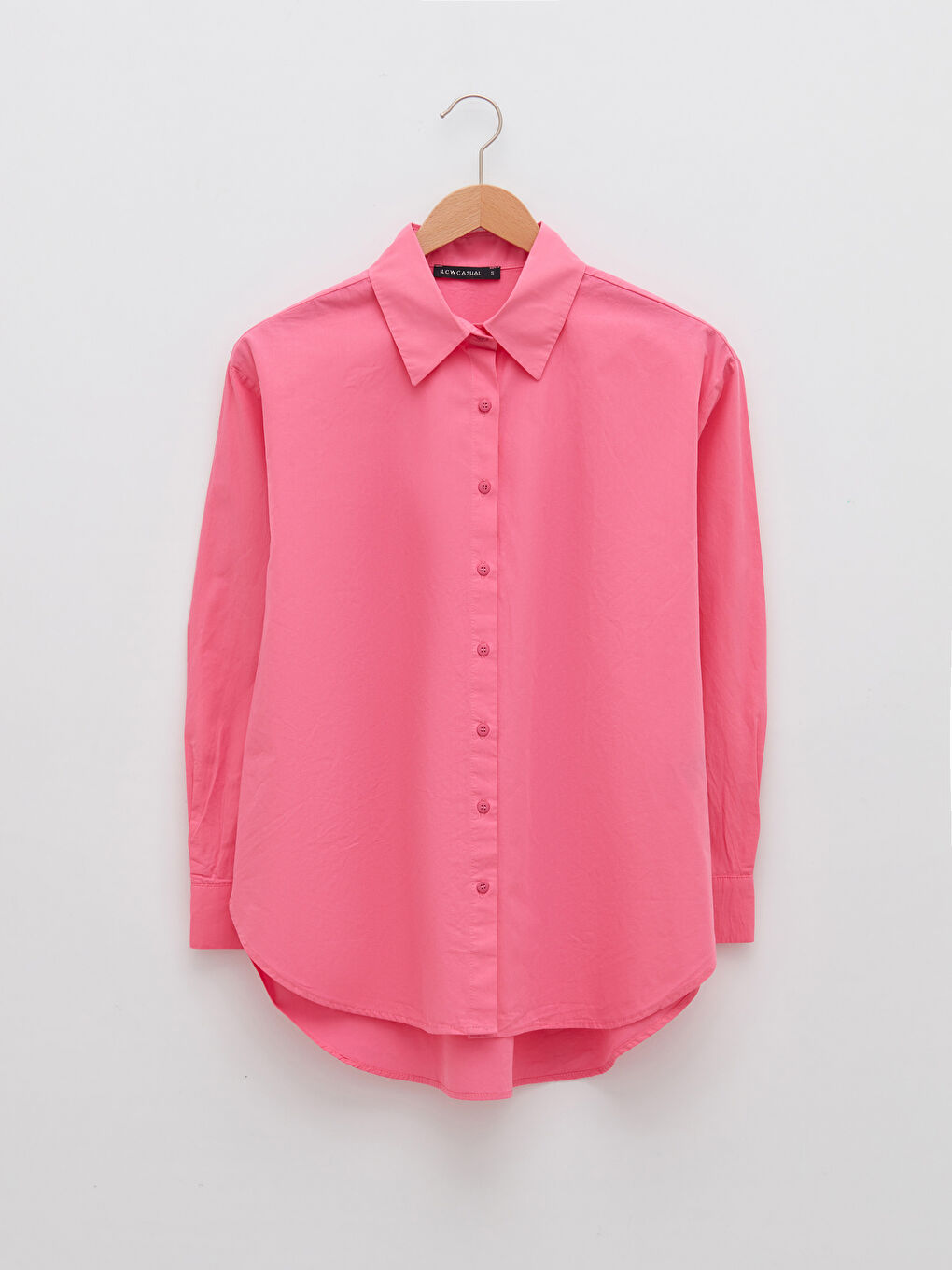 Pembe Önden Düğme Kapamalı Düz Uzun Kollu Poplin Kadın Gömlek-5