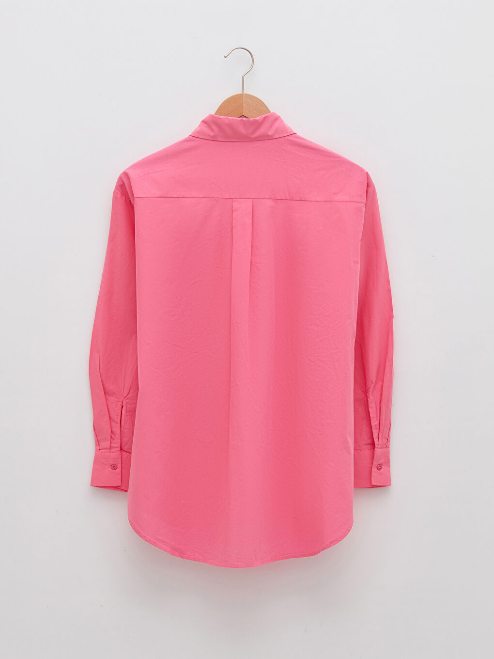 Pembe Önden Düğme Kapamalı Düz Uzun Kollu Poplin Kadın Gömlek-6