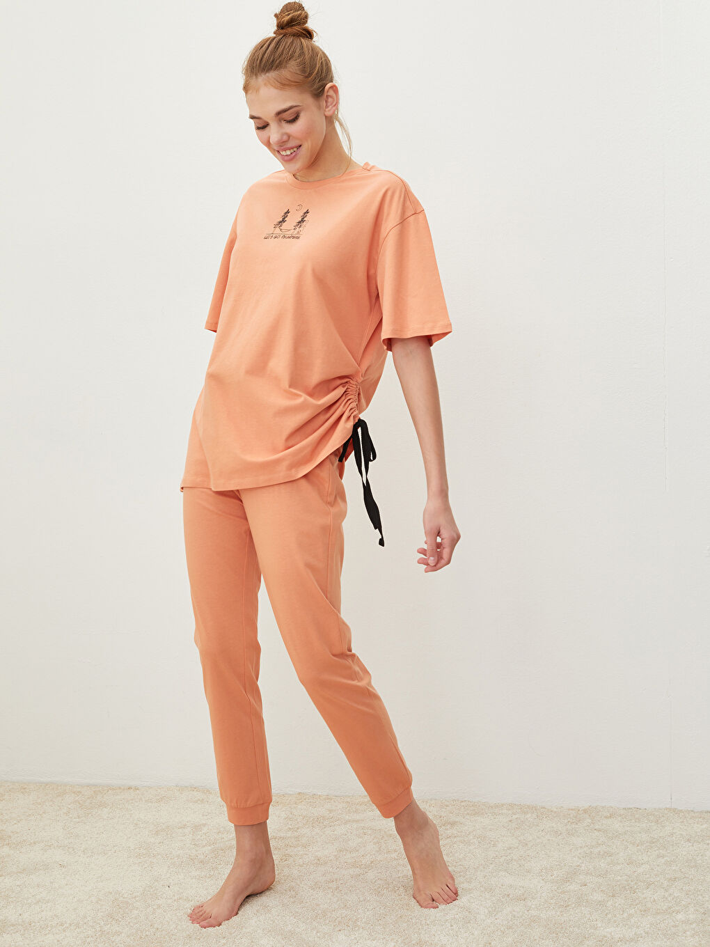 Crew Neck Printed Short Sleeve Cotton Women's Pajama Set-2