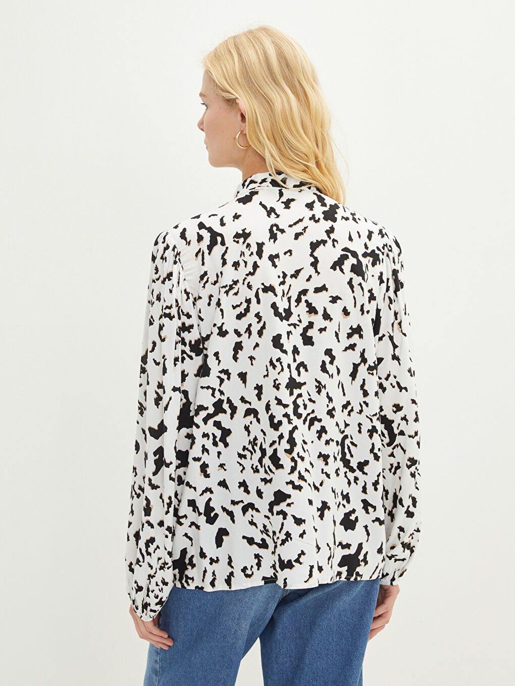 Bluza za Žene od Viskoze s Vezanjem oko Vrata, Uzorkovana, Dugi Rukav-4