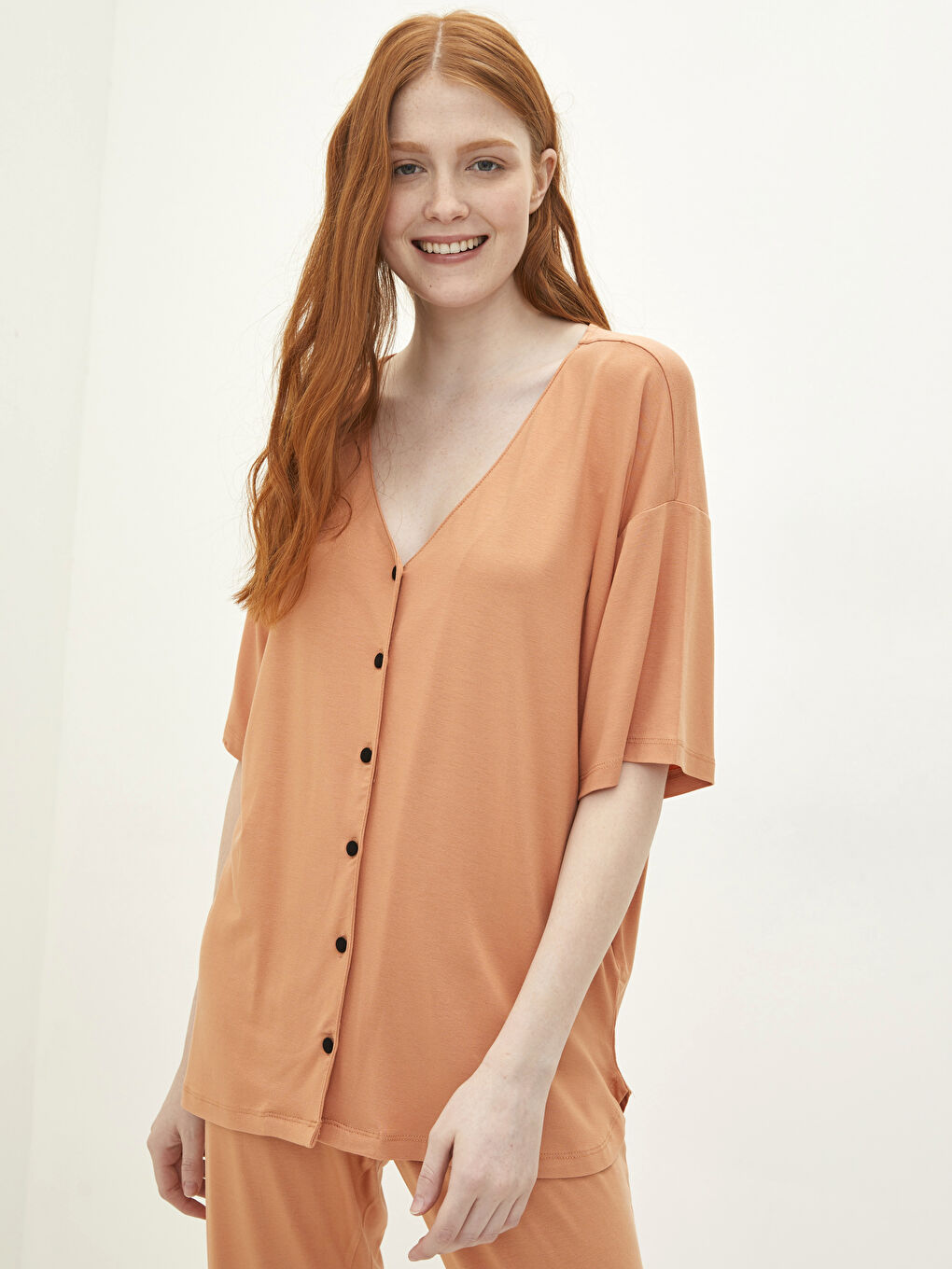 Turuncu V Yaka Kadın Pijama Takımı-1