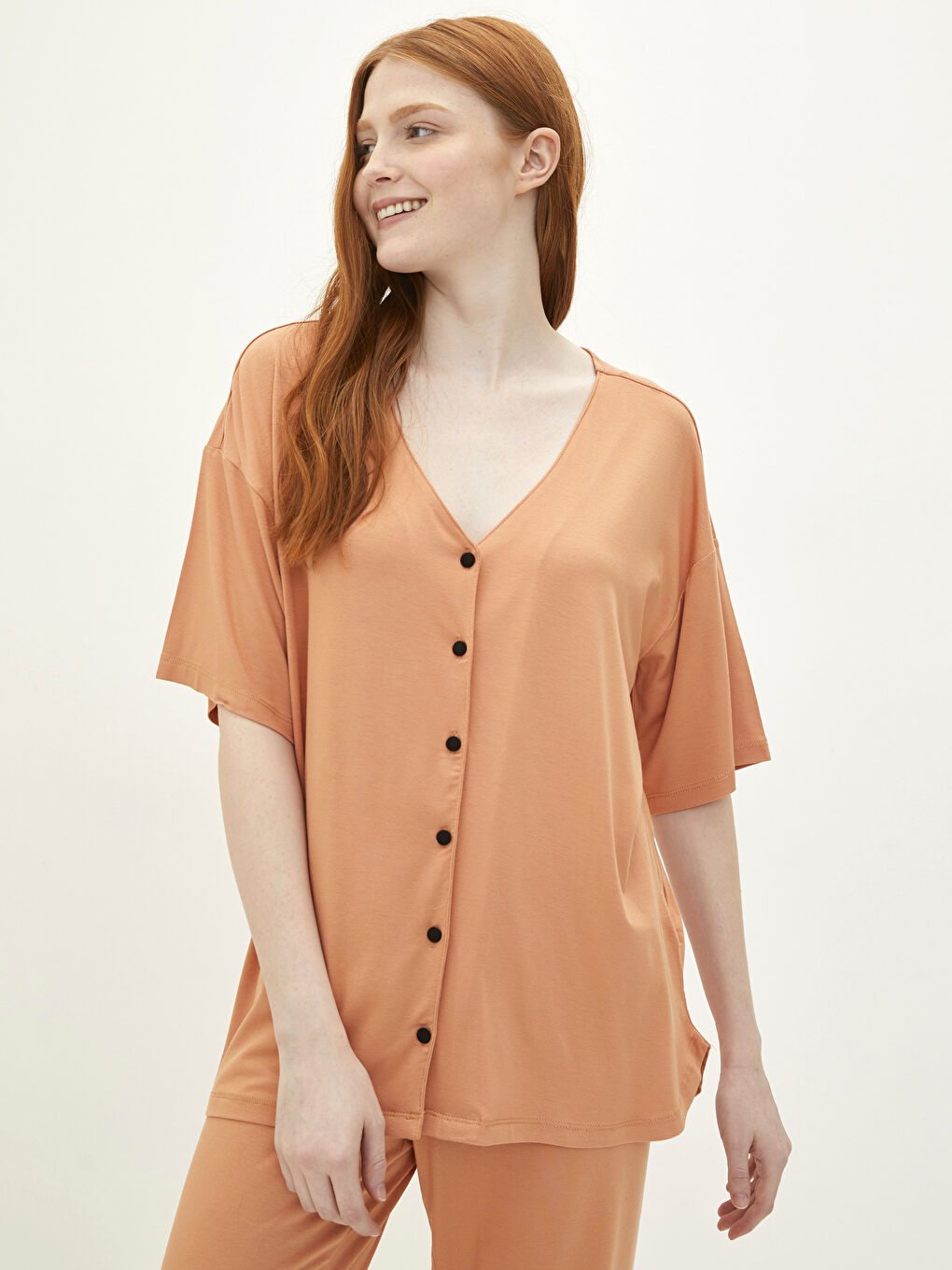 Turuncu V Yaka Kadın Pijama Takımı-2