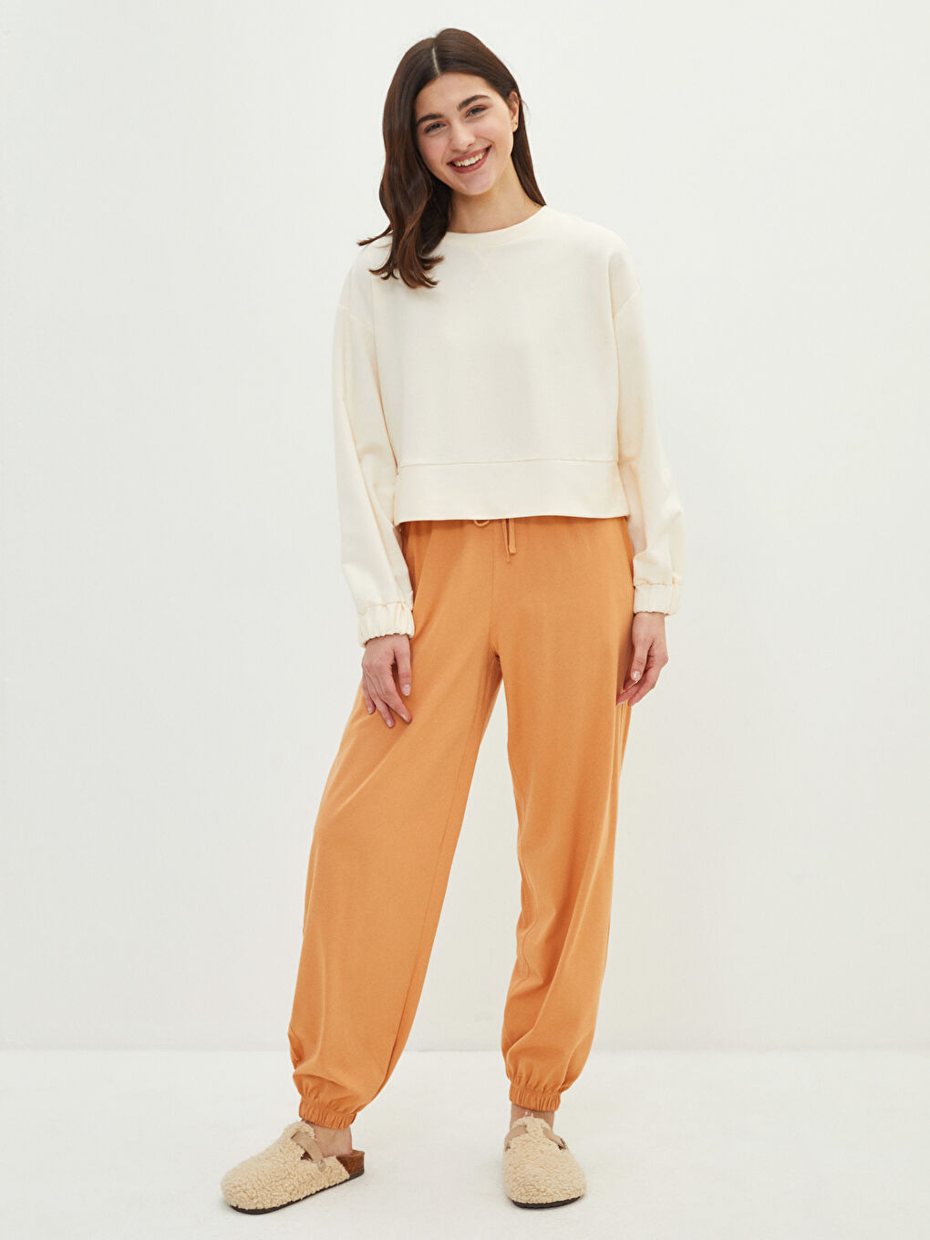 Turuncu Beli Lastikli Düz Cep Detaylı Pamuklu Kadın Jogger Pijama Altı-1