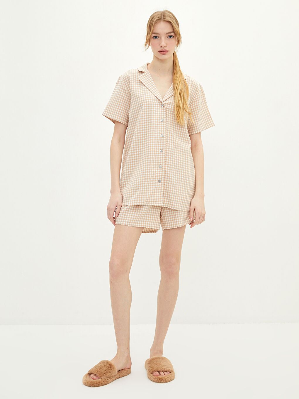 Shirt Collar Plaid Short Sleeve Gabardine Women's Pajamas Set-1