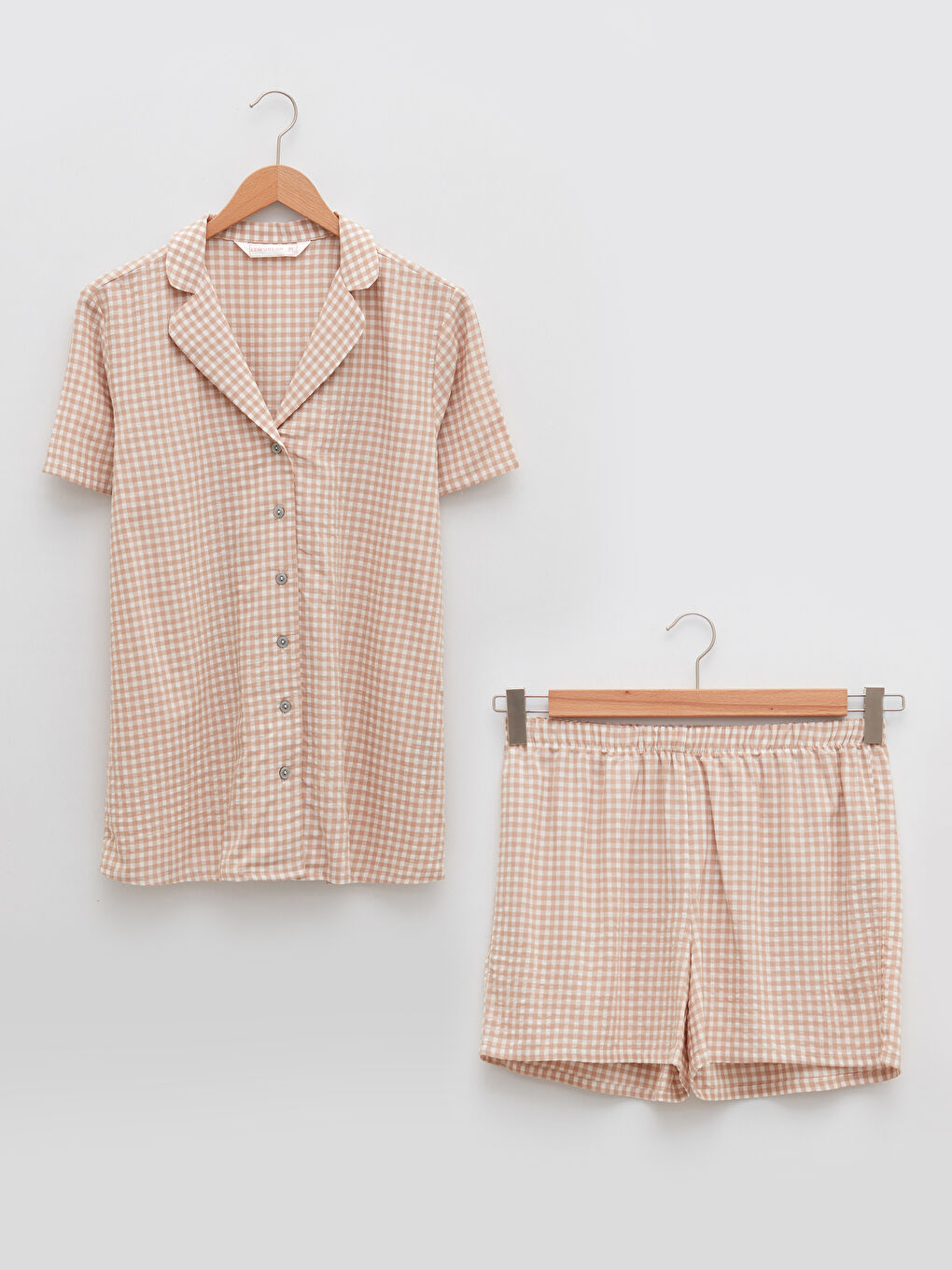 Shirt Collar Plaid Short Sleeve Gabardine Women's Pajamas Set-4