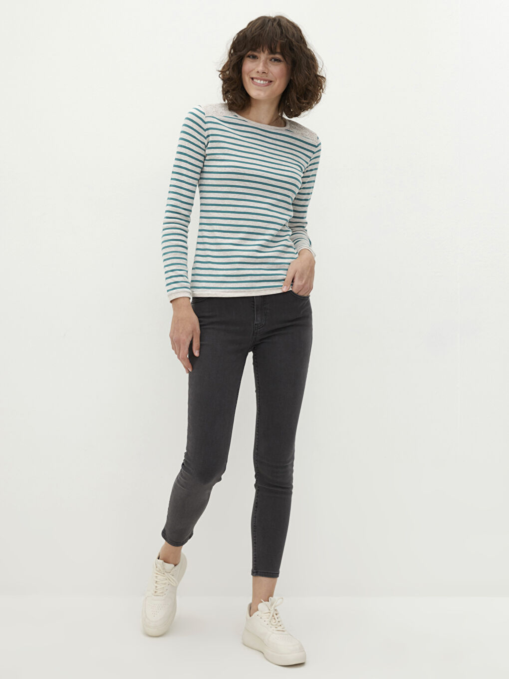 Әйелдерге арналған жолақты ұзын жең футболка-2