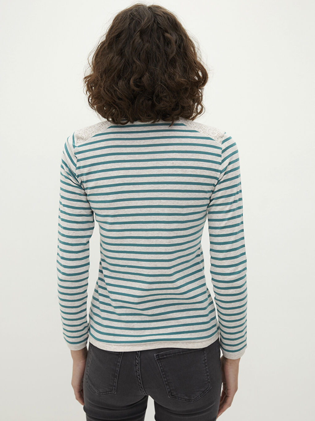 Әйелдерге арналған жолақты ұзын жең футболка-4