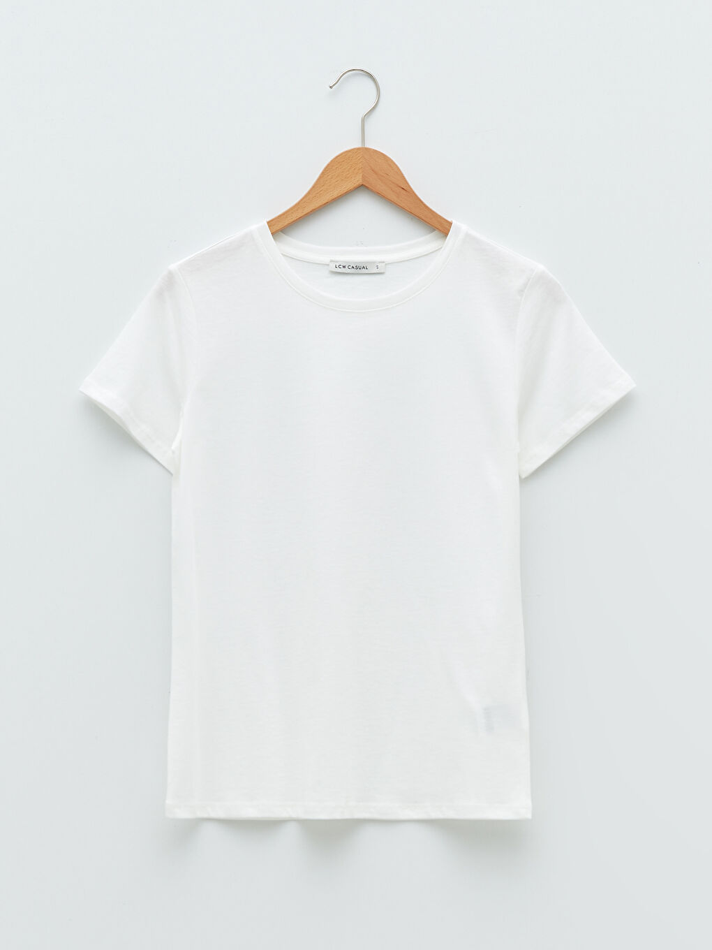 Ekru Bisiklet Yaka Düz Kısa Kollu Kadın Tişört-5