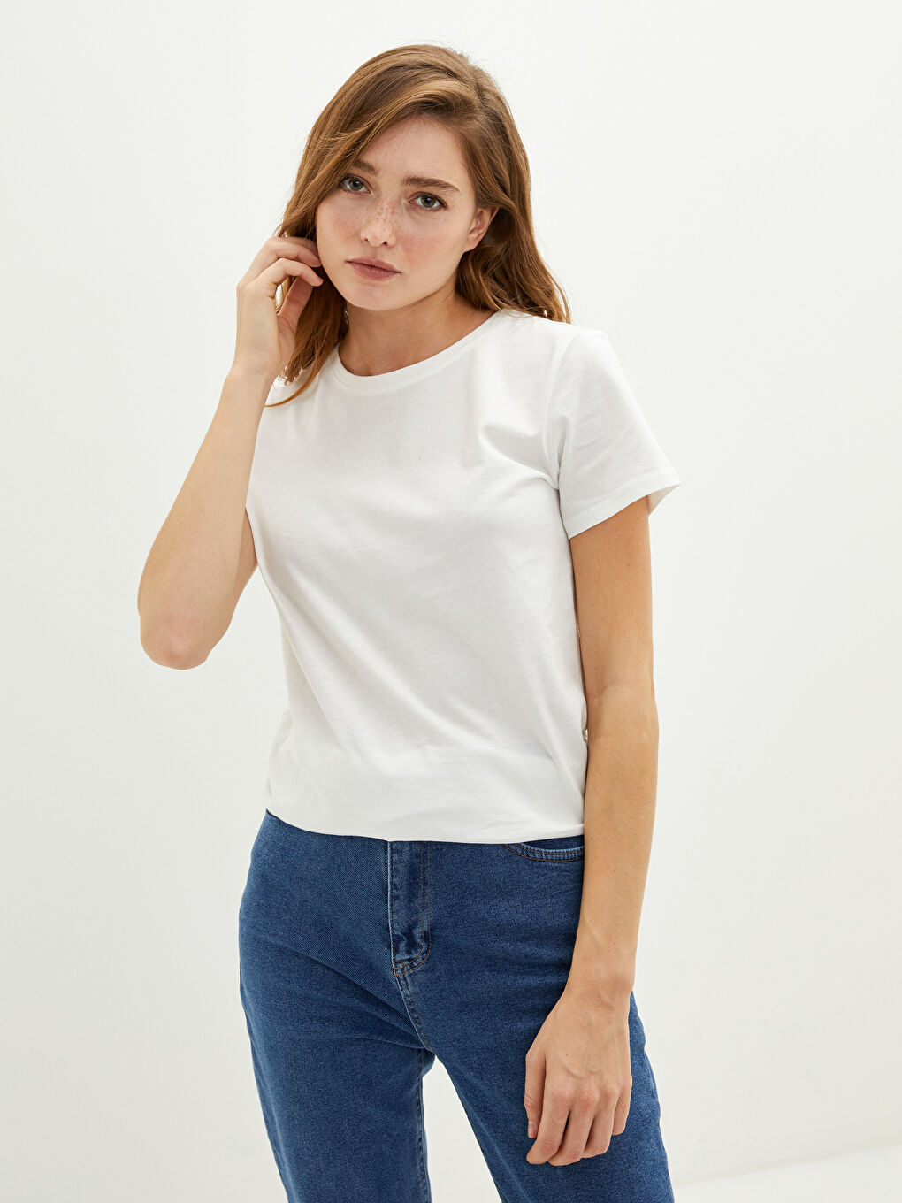 Ekru Bisiklet Yaka Düz Kısa Kollu Kadın Tişört-2