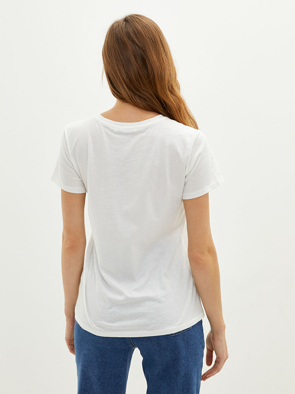 Ekru Bisiklet Yaka Düz Kısa Kollu Kadın Tişört-4