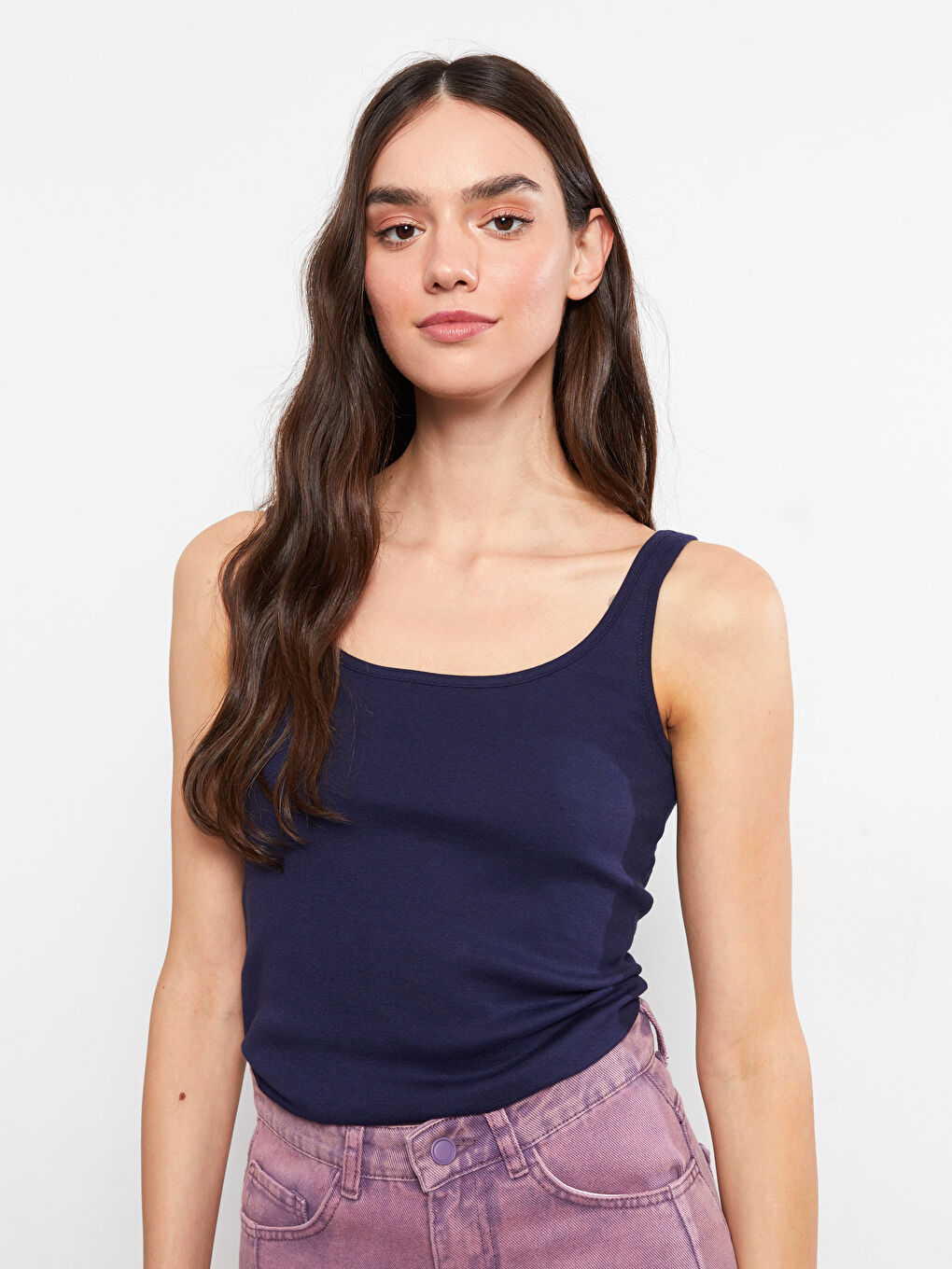 Lacivert U Yaka Düz Pamuklu Kadın Atlet-2