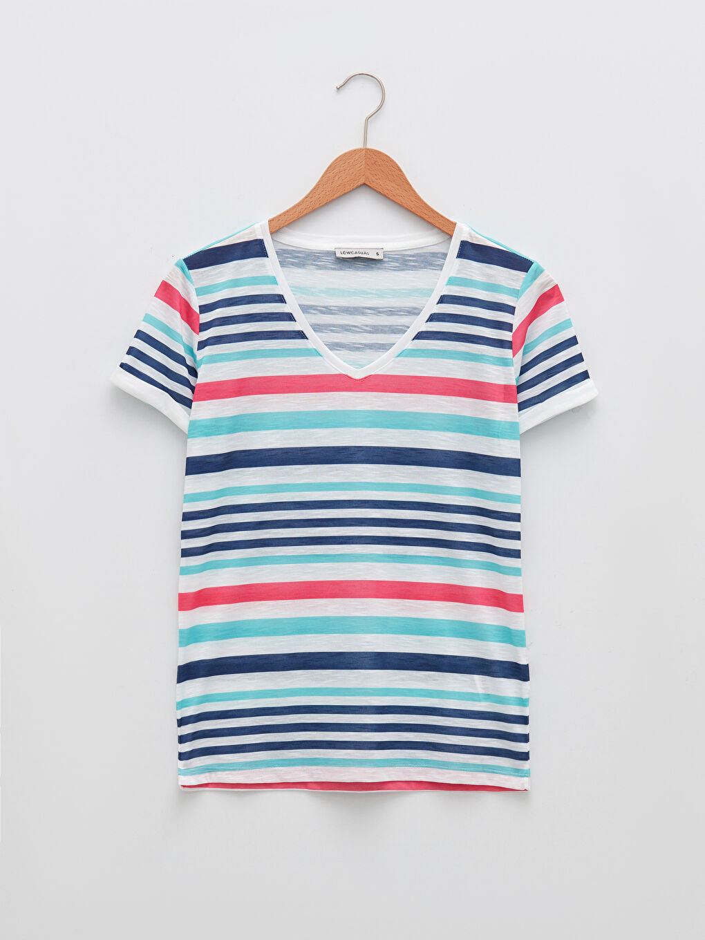 Turkuaz V Yaka Çizgili Kısa Kollu Kadın Tişört-4