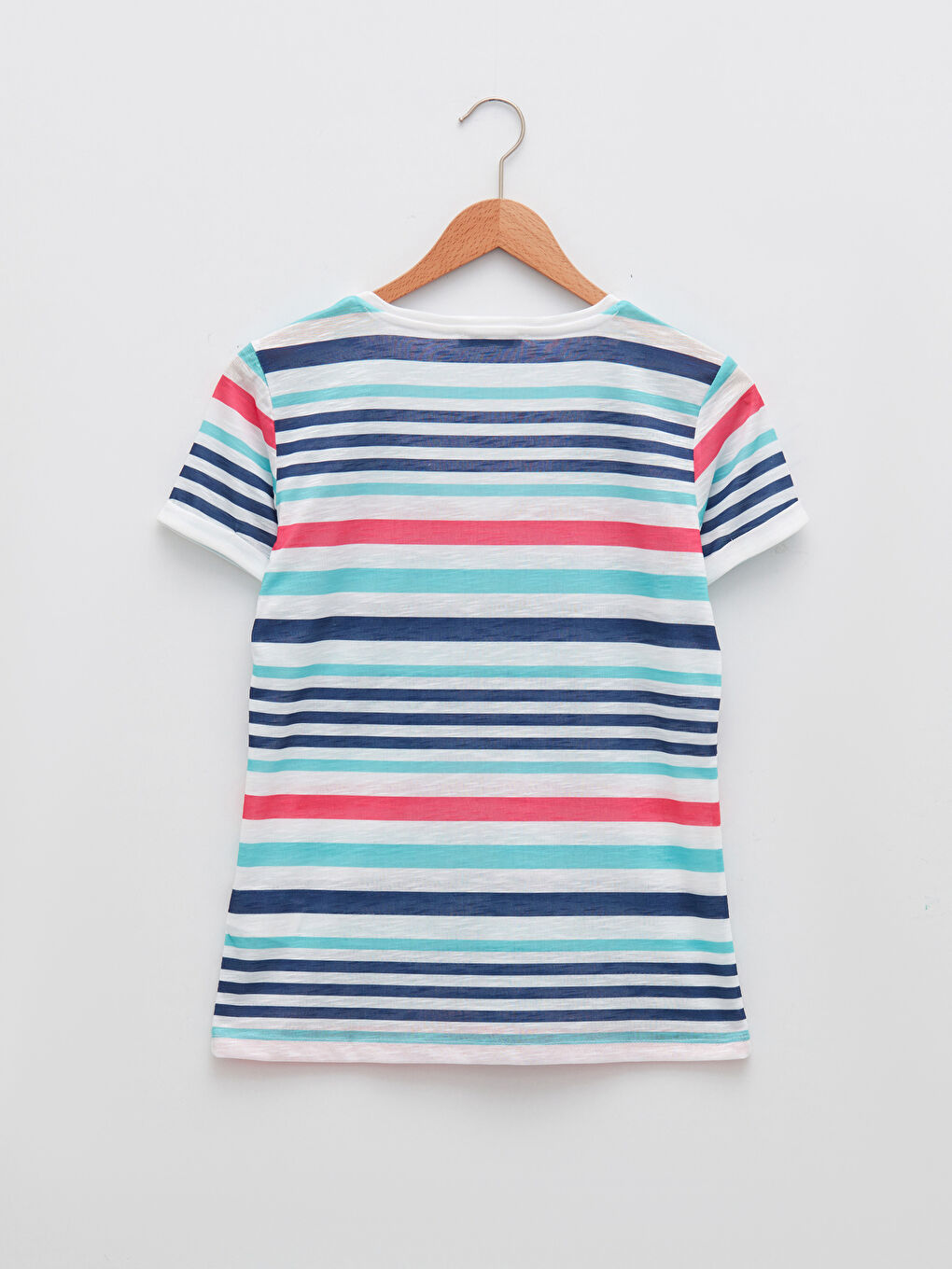 Turkuaz V Yaka Çizgili Kısa Kollu Kadın Tişört-5