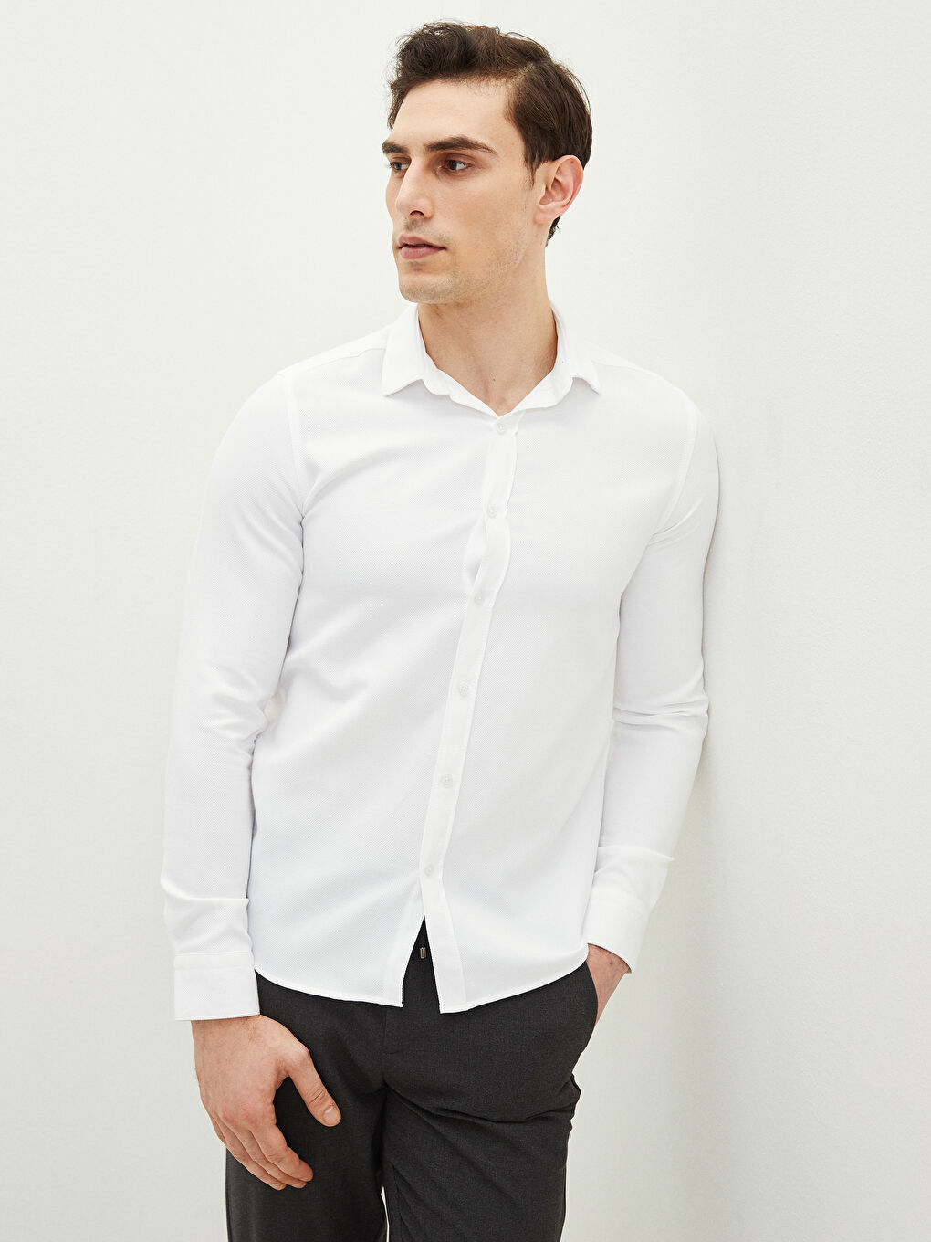 Beyaz Slim Fit Uzun Kollu Erkek Gömlek-2