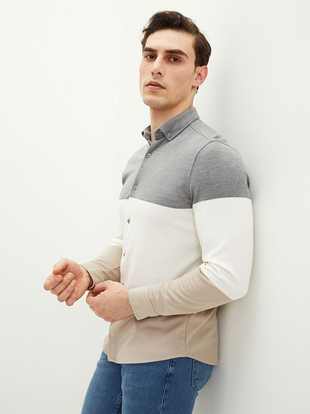 Gri Slim Fit Uzun Kollu Renk Bloklu Erkek Gömlek