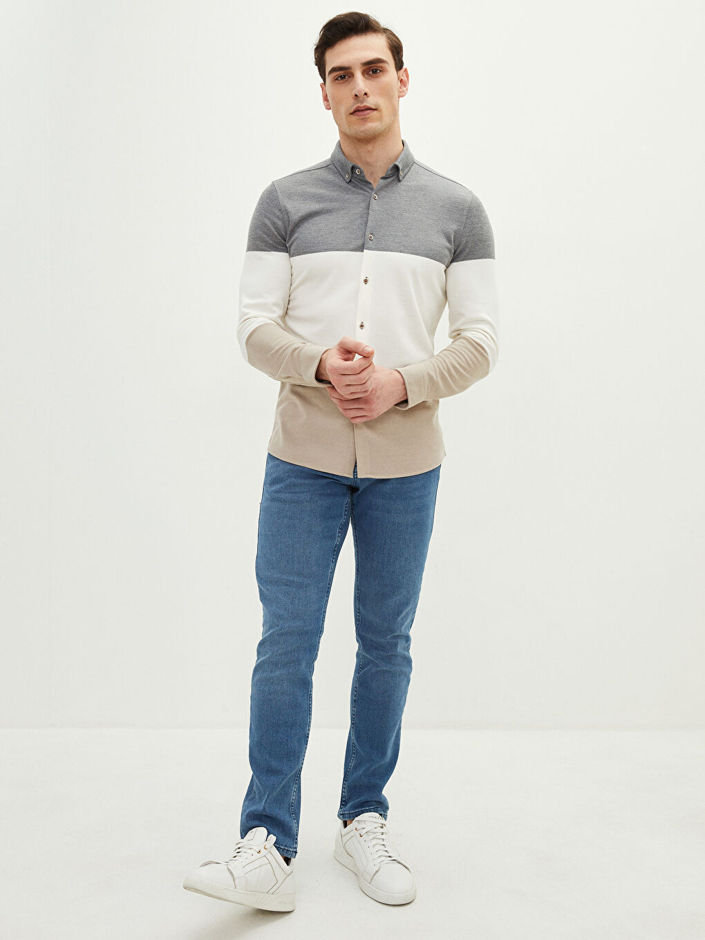 Gri Slim Fit Uzun Kollu Renk Bloklu Erkek Gömlek-2