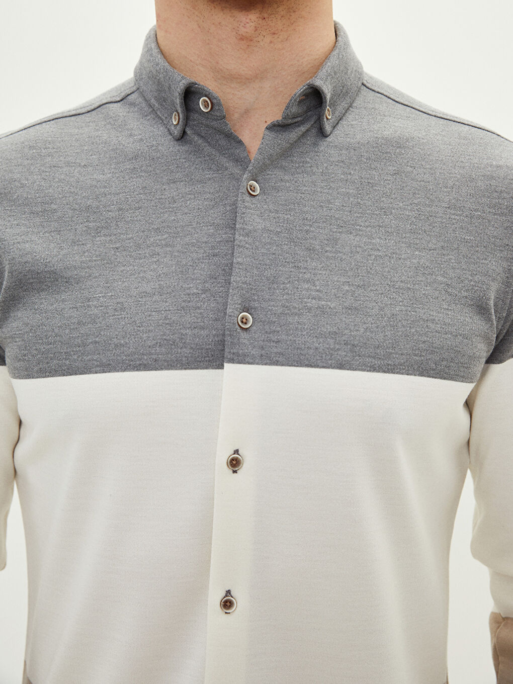 Gri Slim Fit Uzun Kollu Renk Bloklu Erkek Gömlek-3