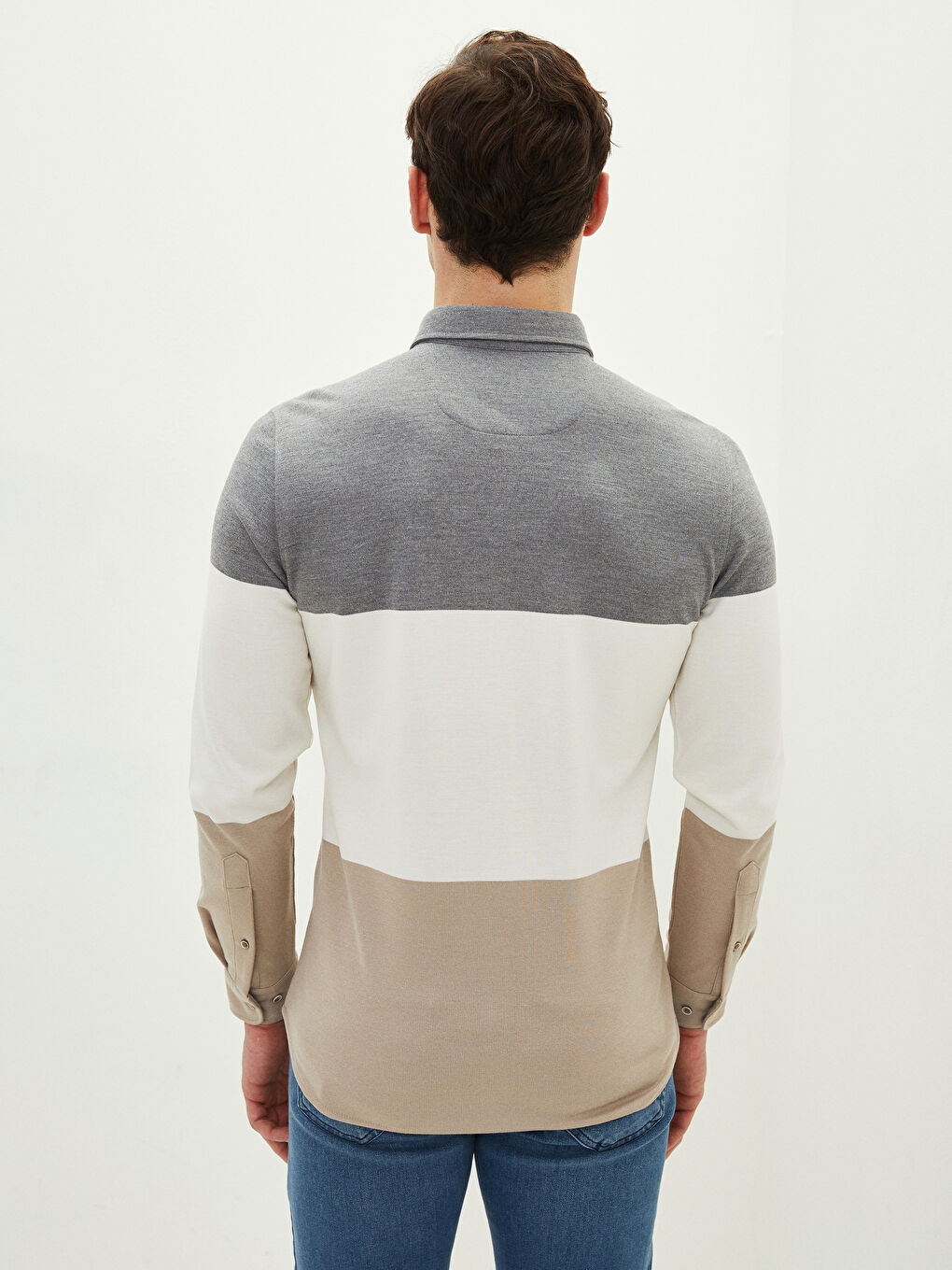 Gri Slim Fit Uzun Kollu Renk Bloklu Erkek Gömlek-4