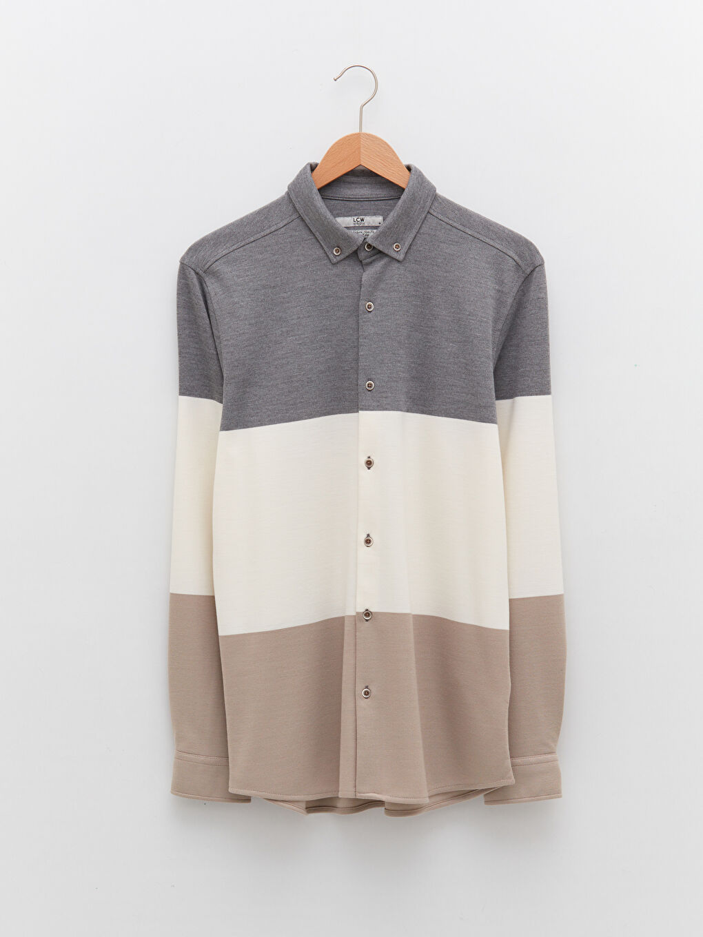 Gri Slim Fit Uzun Kollu Renk Bloklu Erkek Gömlek-5