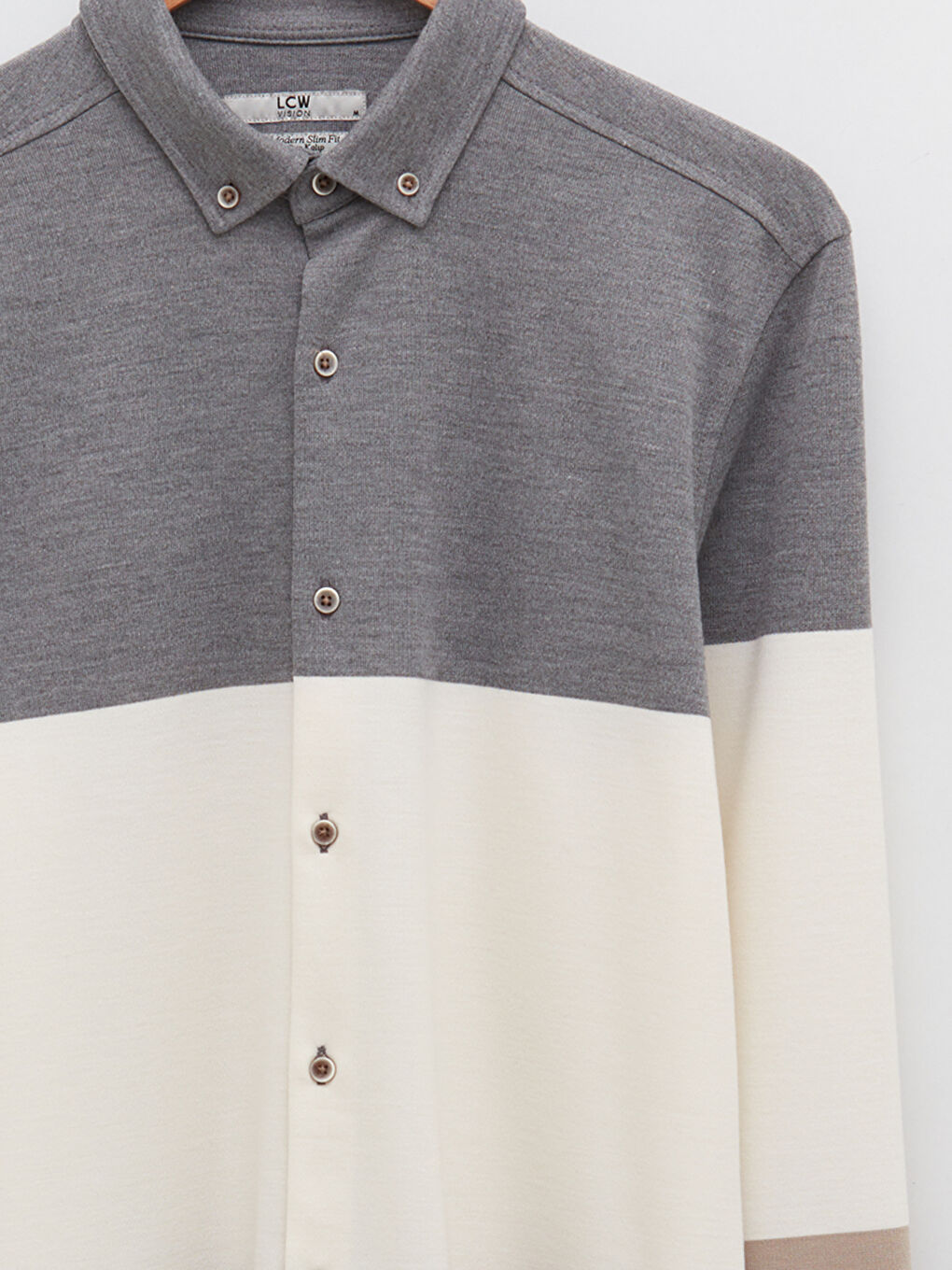 Gri Slim Fit Uzun Kollu Renk Bloklu Erkek Gömlek-7