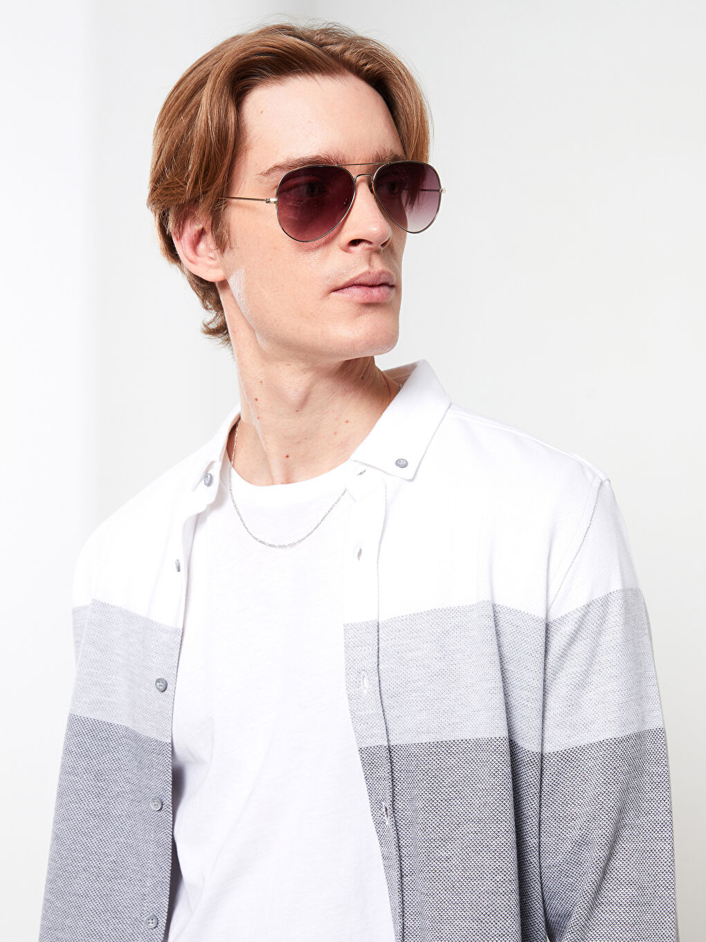 LCW Vision Gri Slim Fit Uzun Kollu Renk Bloklu Erkek Gömlek
