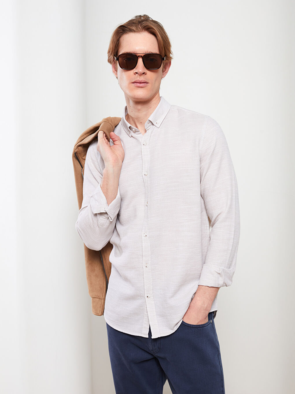 Bej Slim Fit Uzun Kollu Armürlü Erkek Gömlek