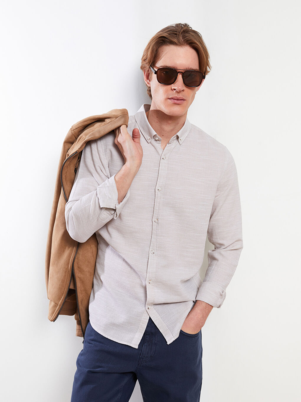 Bej Slim Fit Uzun Kollu Armürlü Erkek Gömlek-1