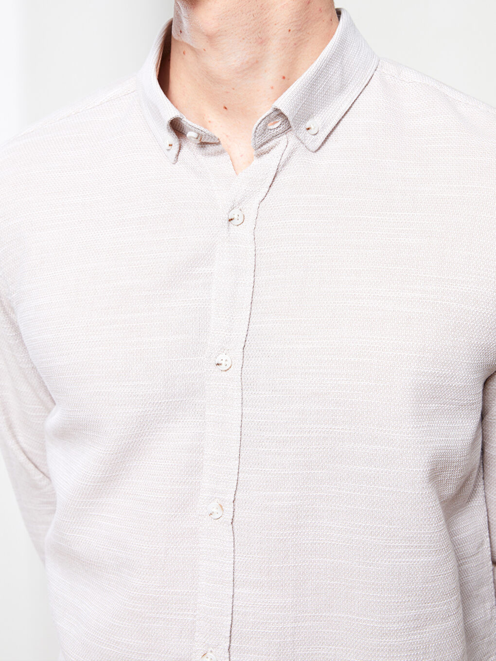 Bej Slim Fit Uzun Kollu Armürlü Erkek Gömlek-3