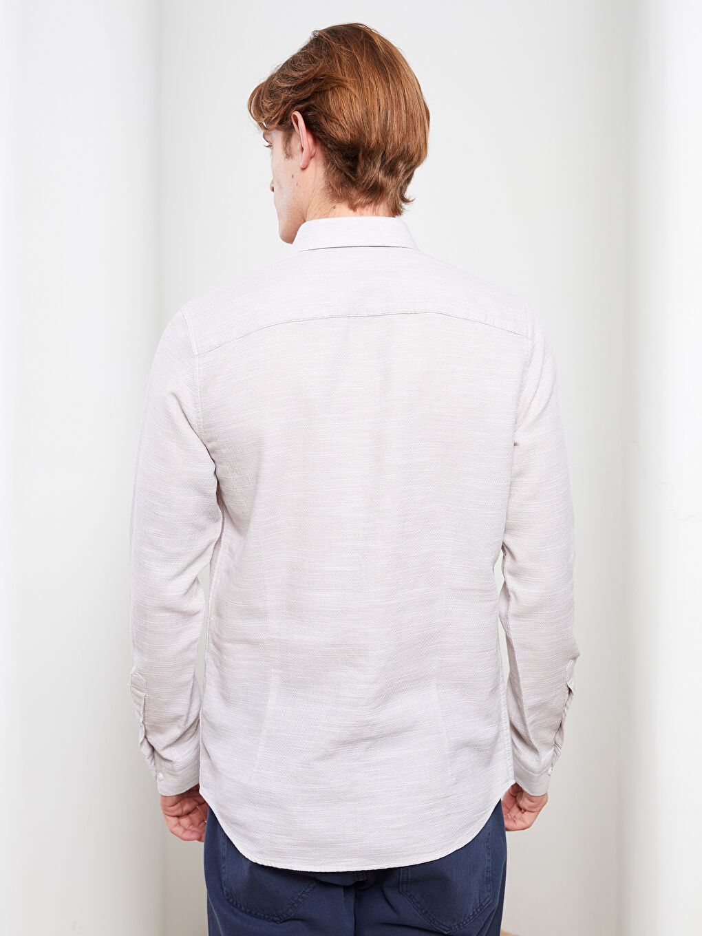 Bej Slim Fit Uzun Kollu Armürlü Erkek Gömlek-4