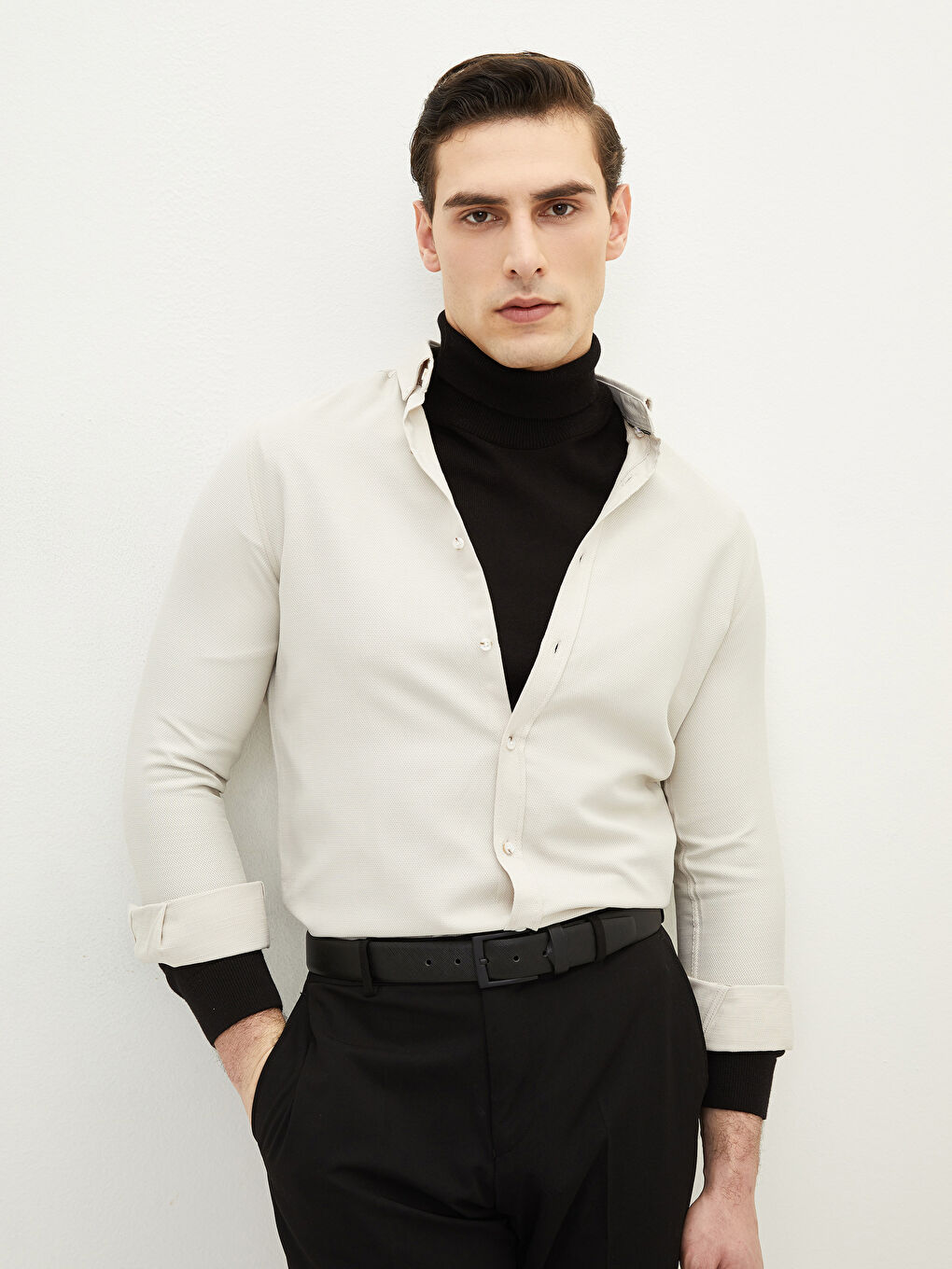 Gri Slim Fit Uzun Kollu Erkek Gömlek-1