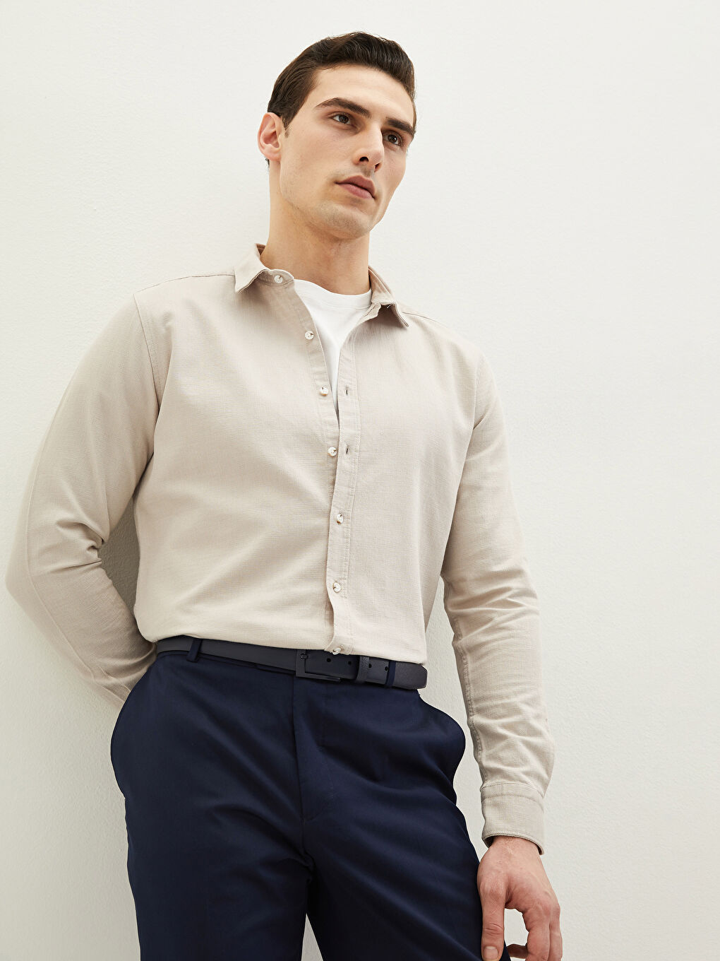 Bej Slim Fit Uzun Kollu Erkek Gömlek