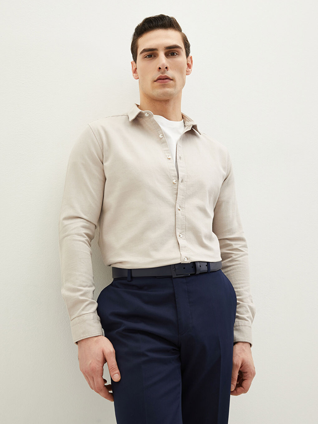 Bej Slim Fit Uzun Kollu Erkek Gömlek-1