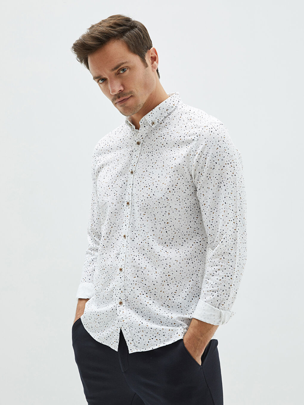 Beyaz Slim Fit Uzun Kollu Desenli Erkek Gömlek