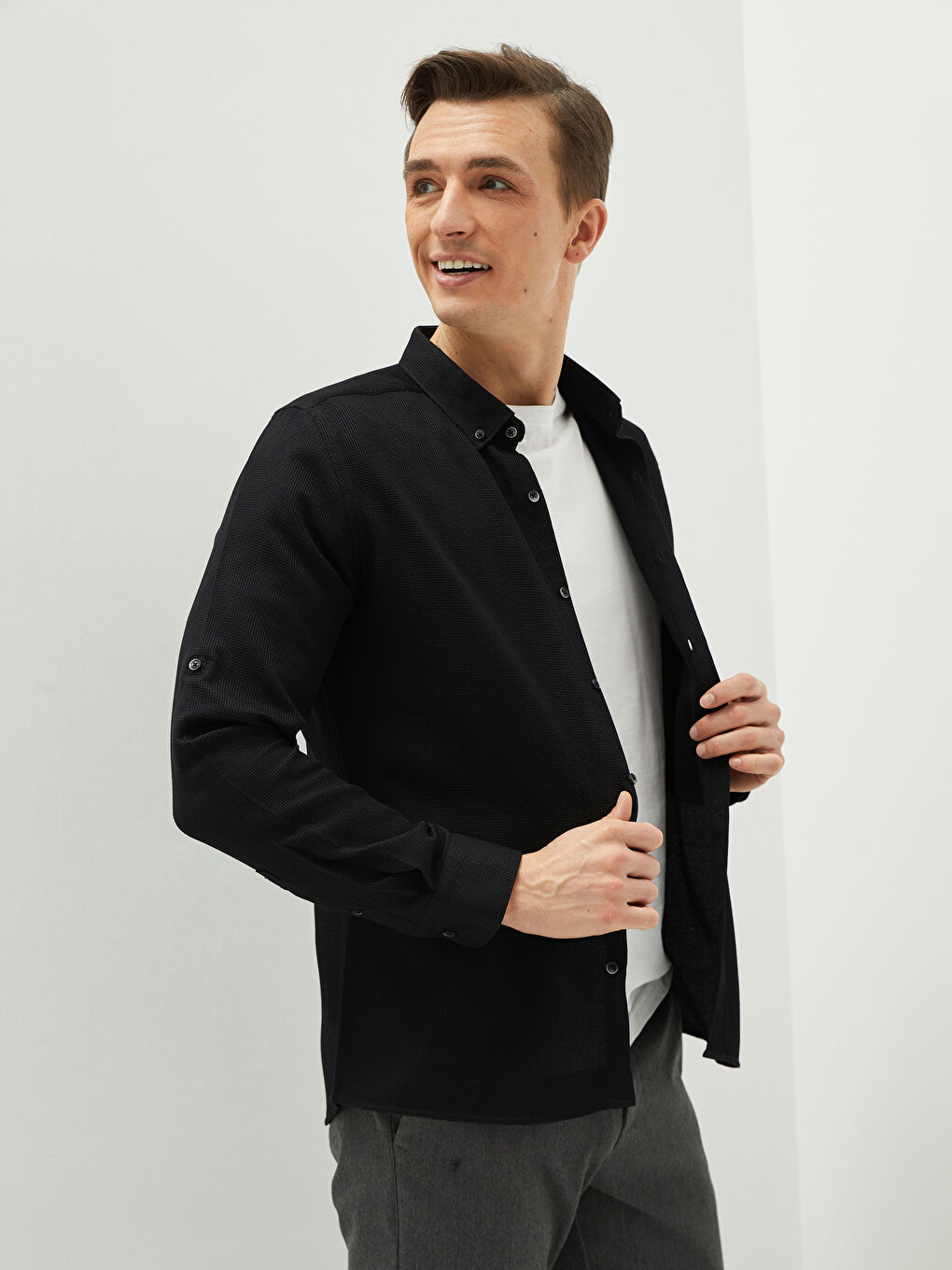 Siyah Slim Fit Uzun Kollu Erkek Gömlek-1