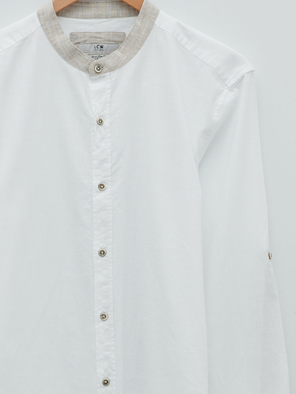 Beyaz Slim Fit Hakim Yaka Uzun Kollu Poplin Erkek Gömlek-7