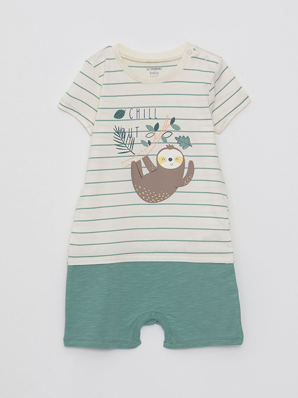 Ekru Bisiklet Yaka Kısa Kollu Çizgili Pamuklu Erkek Bebek Tulum