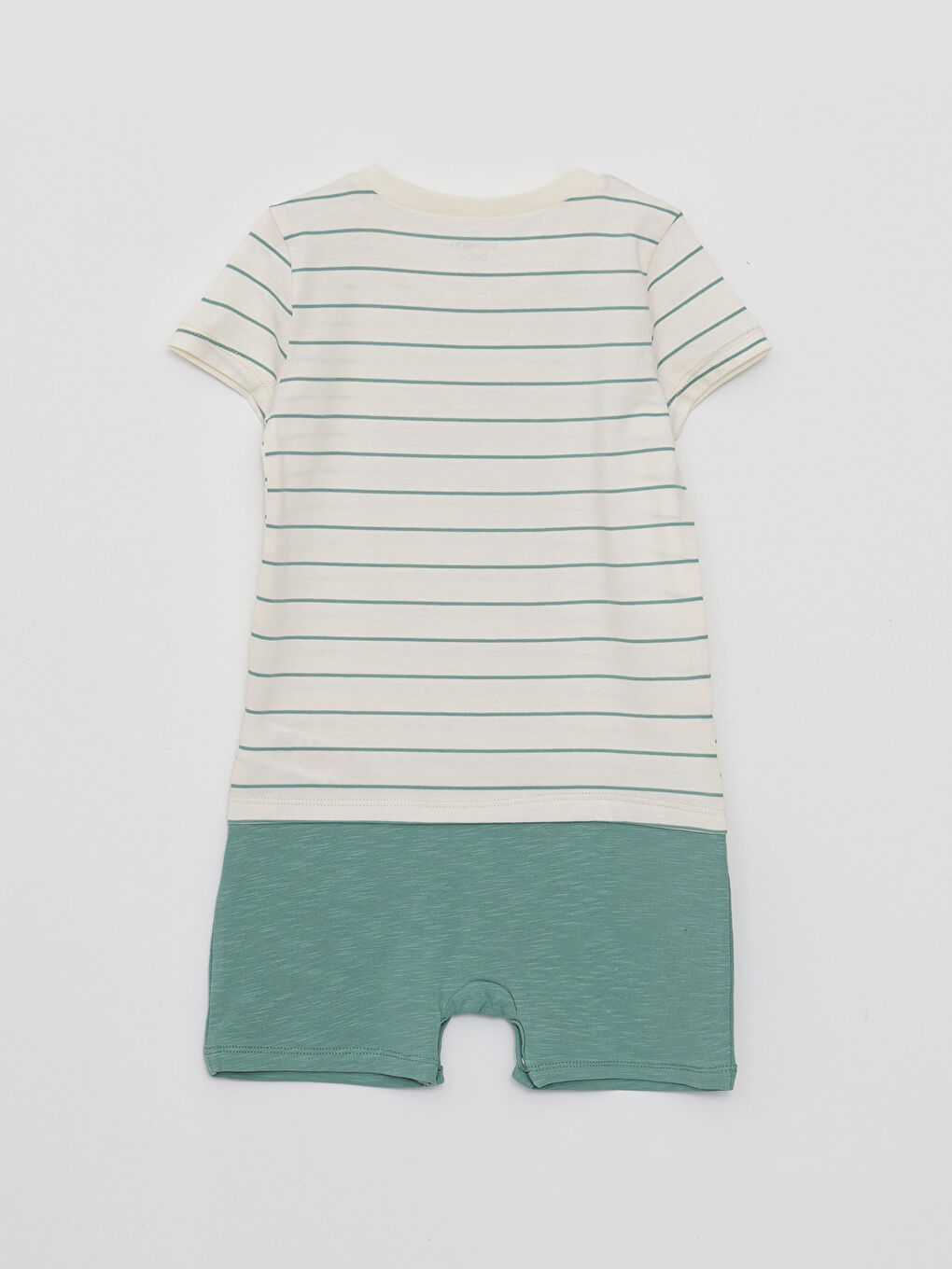 Ekru Bisiklet Yaka Kısa Kollu Çizgili Pamuklu Erkek Bebek Tulum-1