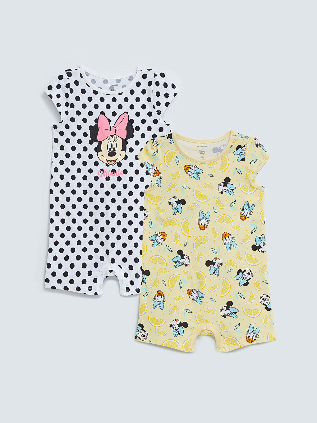 Crew Neck Short Sleeved Minnie Mouse Printed Cotton Baby Girl Rompers 2 Pack
