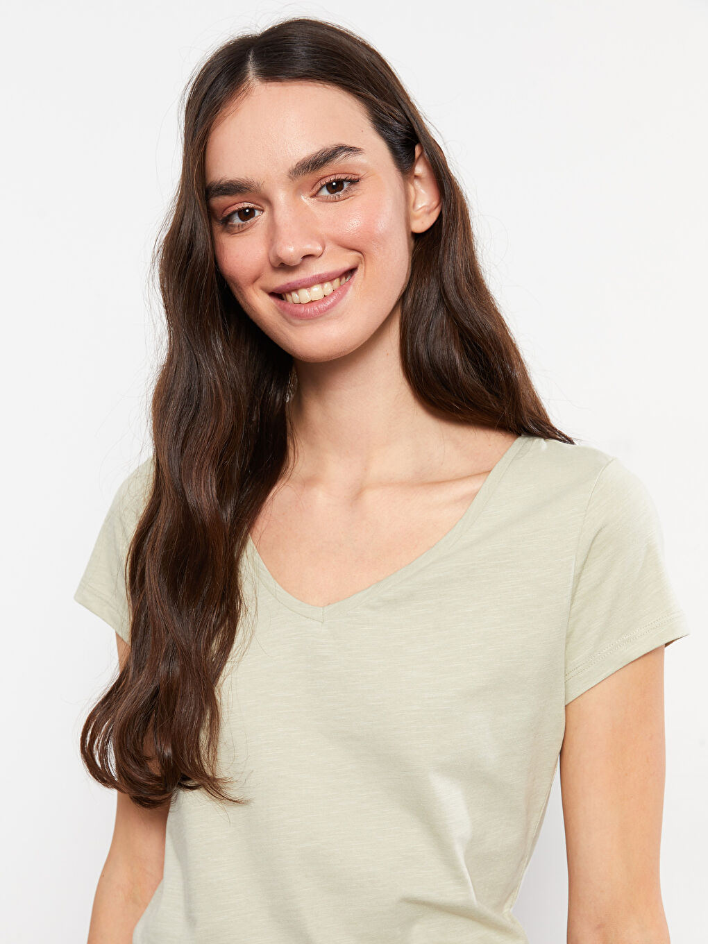 T-shirt en Coton à Manches Courtes Droites avec Encolure en V pour Femmes