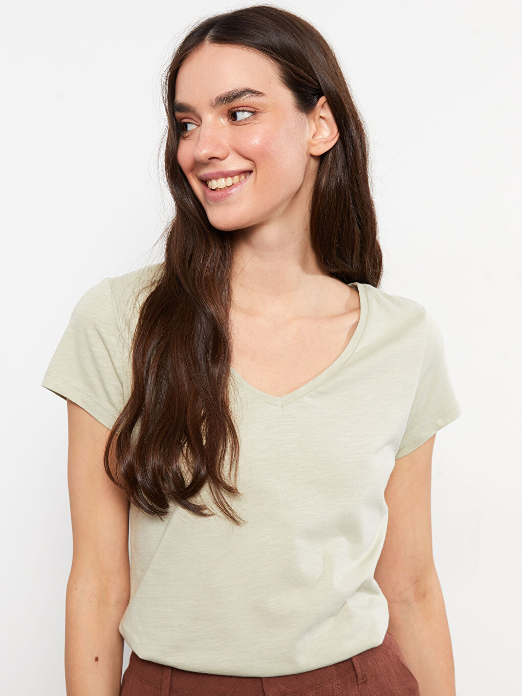 T-shirt en Coton à Manches Courtes Droites avec Encolure en V pour Femmes-1