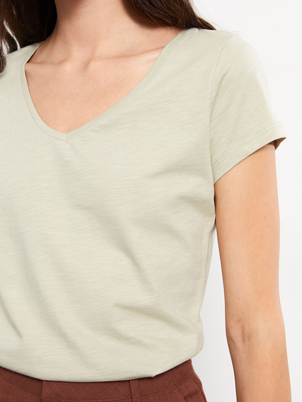 T-shirt en Coton à Manches Courtes Droites avec Encolure en V pour Femmes-3