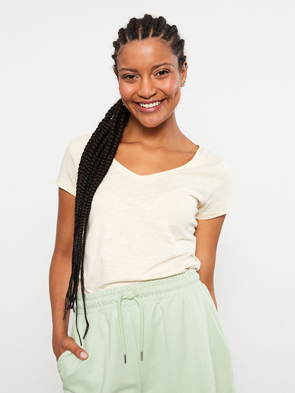 V-neck Straight Short Sleeve Cotton Women's T-Shirt-1